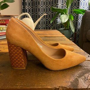 Faux Suede Pumps - Block Heel - Mustard